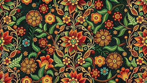 Seamless sarawak batik pattern with vibrant floral motifs, batik, seamless, traditional, Malaysian, textile, design, floral photo