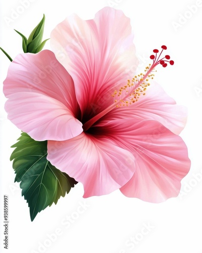 Beautiful illustration of a pink hibiscus flower with detailed petals and vibrant green leaves on a white background.