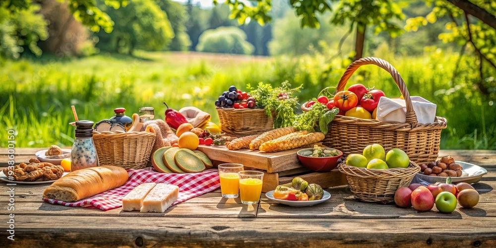 Various foods on an old rustic wooden table for a picnic in the countryside, picnic, food, countryside, rustic