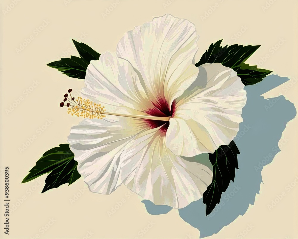 Elegant white hibiscus flower illustration with detailed petals and green leaves on light background. Elegant white hibiscus flower illustration with detailed petals and green leaves on light background.