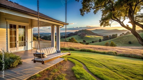 Sprawling ranch house with a swing on the front porch, surrounded by rolling hills and open sky, ranch house