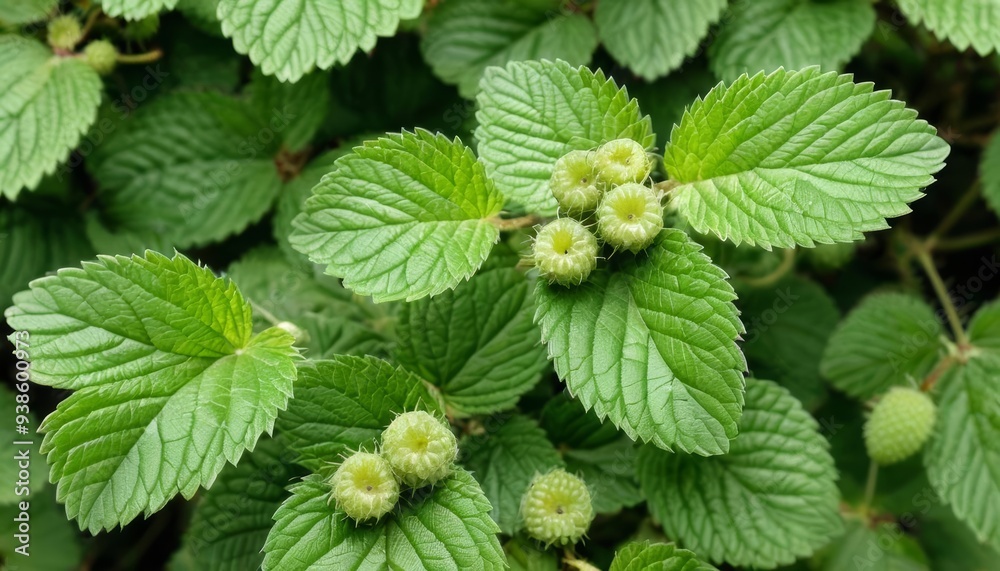 Vibrant green leaves with small white buds Vibrant green leaves with small white buds