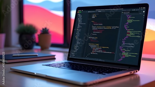 Developer working on the laptop, computer coding, programming concept, developing apps and web, modern futuristic information technology