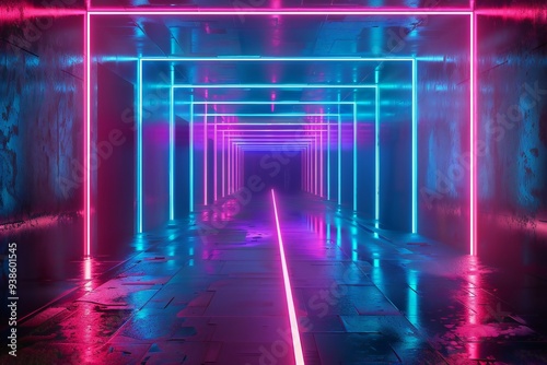 3d technology abstract neon light background, empty space scene, spotlight, dark night, virtual reality, cyber futuristic sci-fi background , created ai