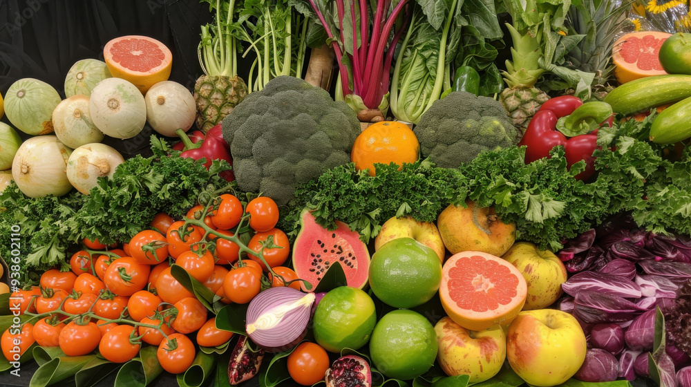 A vibrant display of fresh fruits and vegetables, beautifully arranged and bursting with flavor. A vibrant display of fresh fruits and vegetables, beautifully arranged and bursting with flavor.