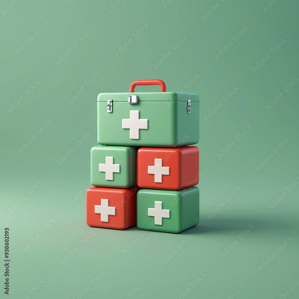 First Aid Kit Stacked on Green Background First Aid Kit Stacked on Green Background