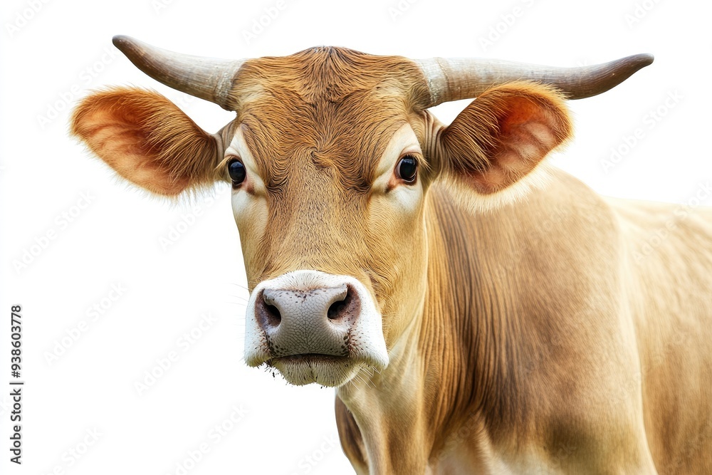 Close-up Portrait of a Brown Cow with Horns and a White Nose Close-up Portrait of a Brown Cow with Horns and a White Nose