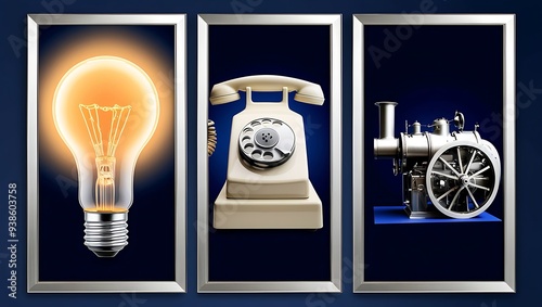 Lightbulb, rotary phone, steam engine, silver frames, blue background. Ideal for tech or vintagethemed designs and educational materials. photo