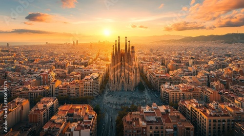 Aerial view of Barcelona City Skyline and Sagrada Familia Cathedral at sunset. Eixample residential famous urban grid. Cityscape with typical urban octagon blocks