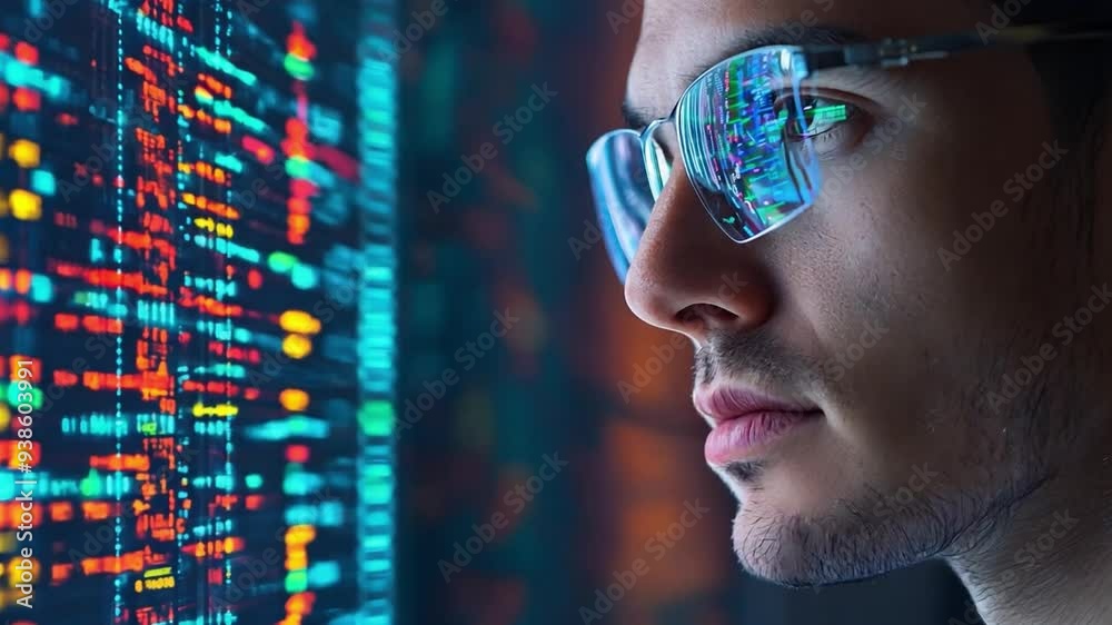 A man wearing glasses is looking at a computer screen with a lot of numbers and letters. Concept of focus and concentration as the man stares at the screen. The man's attire, including his glasses