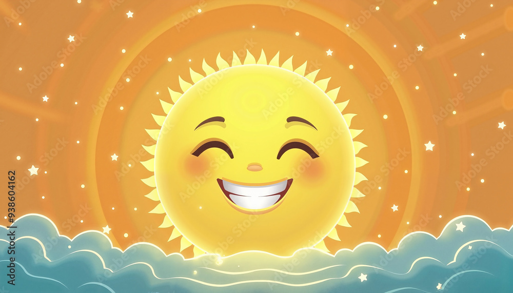 Cheerful Sun with Beaming Smile Rising Above Clouds Against Starry Orange Sky Cheerful Sun with Beaming Smile Rising Above Clouds Against Starry Orange Sky