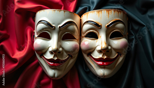 Anonymous Masks with Sinister Smiles Against Red and Blue Fabric photo