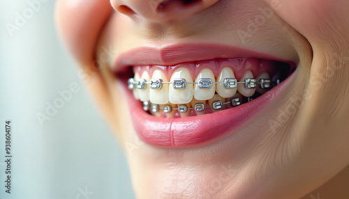 Close-up smiling mouth with metal braces against blurred background photo