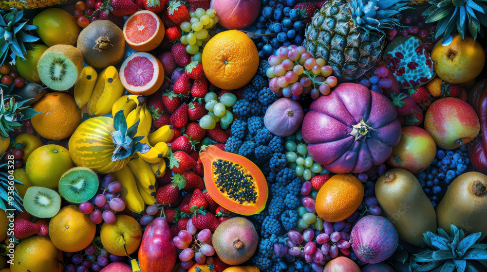 A visually appealing spread of colorful fruits, arranged to showcase their bright and inviting hues. A visually appealing spread of colorful fruits, arranged to showcase their bright and inviting hues.