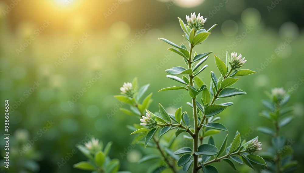 Green plant with white buds serene growing against blurred nature background with copy space Green plant with white buds serene growing against blurred nature background with copy space