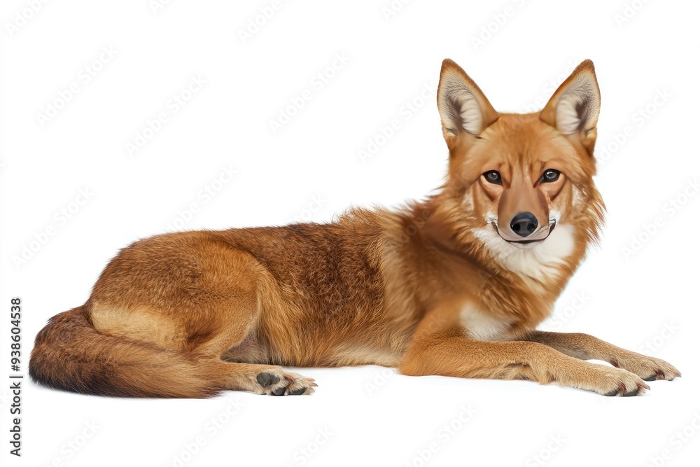 Obraz premium A Red Wolf Lying Down Against a White Background