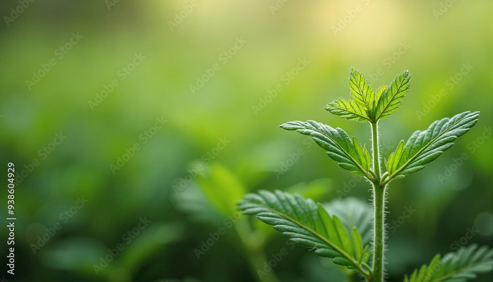 Young cannabis plant with vibrant leaves growing in lush green environment with copy space Young cannabis plant with vibrant leaves growing in lush green environment with copy space