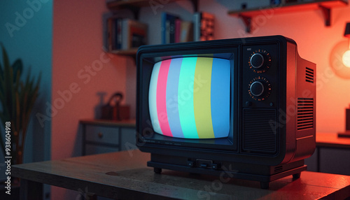 Vintage television with colorful test pattern in cozy retro living room