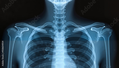 X-ray image of human chest in blue tones for medical diagnosis against dark background