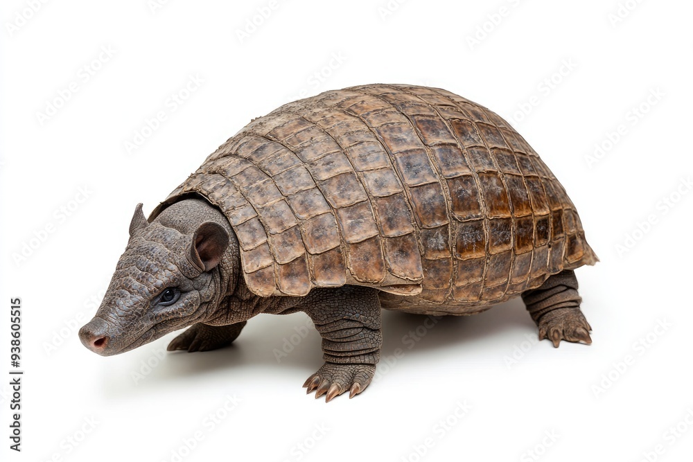 Fototapeta premium A Three-Banded Armadillo Walking on a White Background