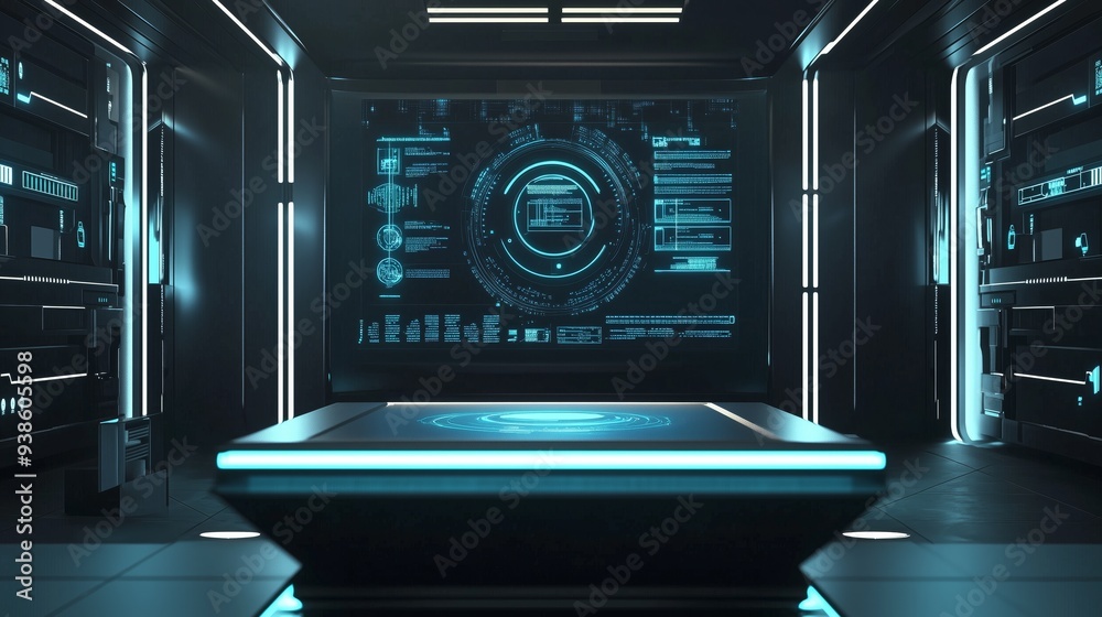 A holographic podium in a sleek, futuristic conference room, with an advanced AI interface projected above it A holographic podium in a sleek, futuristic conference room, with an advanced AI interface projected above it