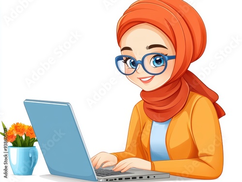 Office muslim woman with red bow, typing on a laptop, muted pastels, kawaii clay icon, bright tones, isolated white background  photo