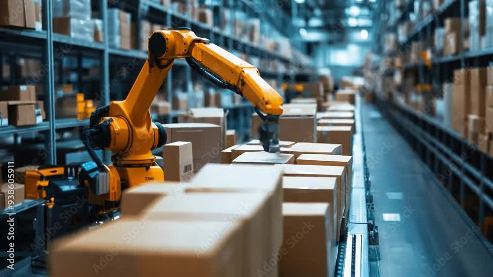 A robot is working in a warehouse, surrounded by boxes. The robot is yellow and he is sorting through the boxes. The scene is industrial and efficient A robot is working in a warehouse, surrounded by boxes. The robot is yellow and he is sorting through the boxes. The scene is industrial and efficient