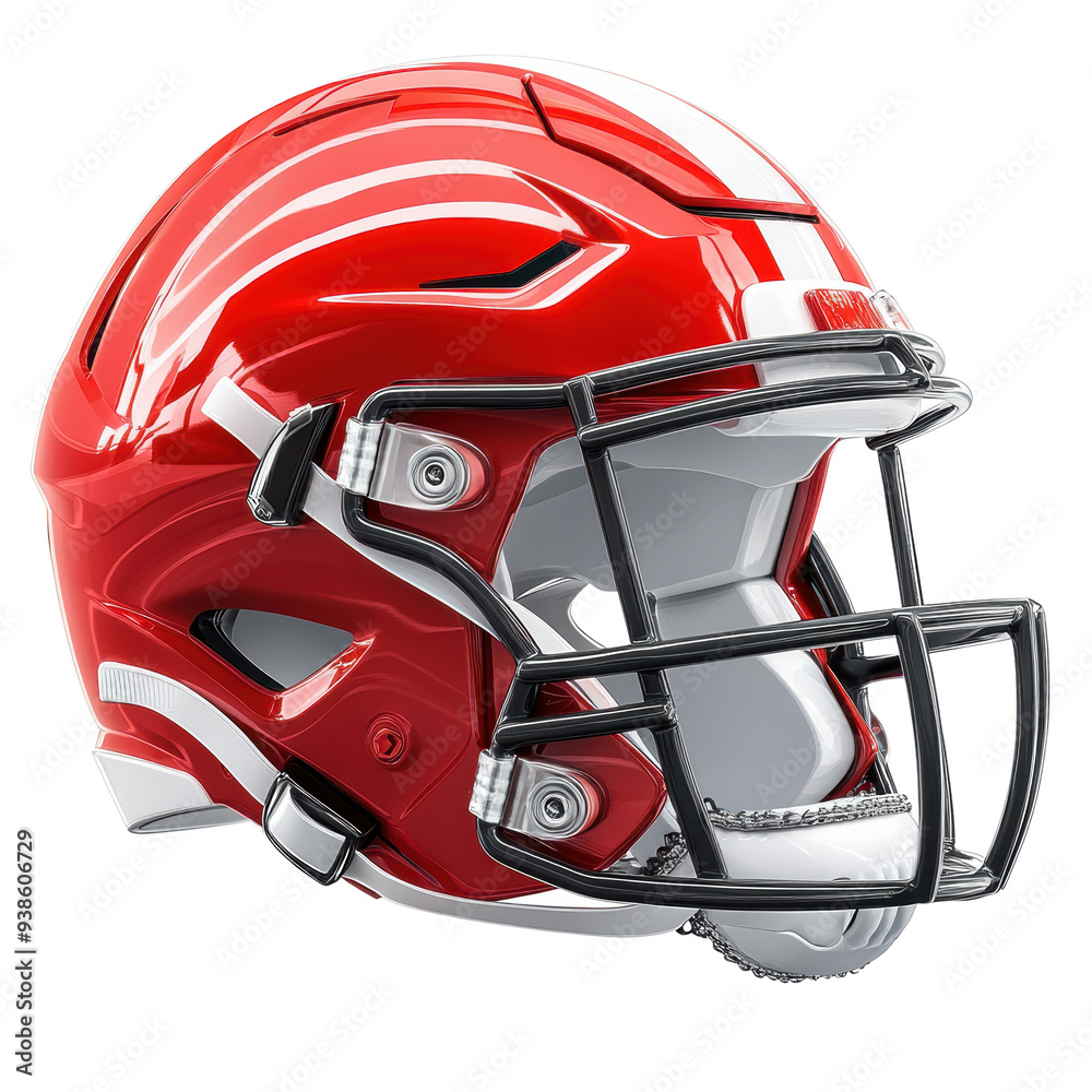 A modern, glossy red football helmet featuring white stripes and a robust faceguard. Perfect for showcasing team spirit and innovation in sports gear design. A modern, glossy red football helmet featuring white stripes and a robust faceguard. Perfect for showcasing team spirit and innovation in sports gear design.