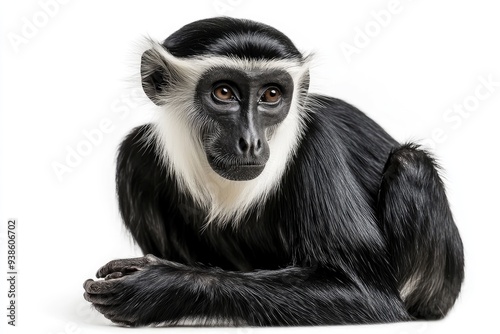 Black and White Colobus Monkey Resting on White Background