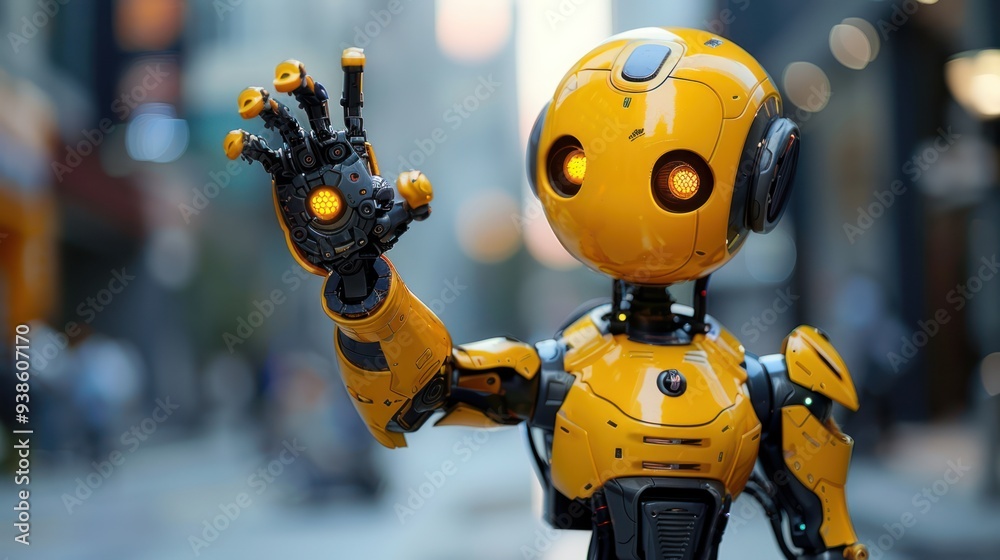 Cheerful Yellow Robot Welcoming Human with a Raised Hand Cheerful Yellow Robot Welcoming Human with a Raised Hand