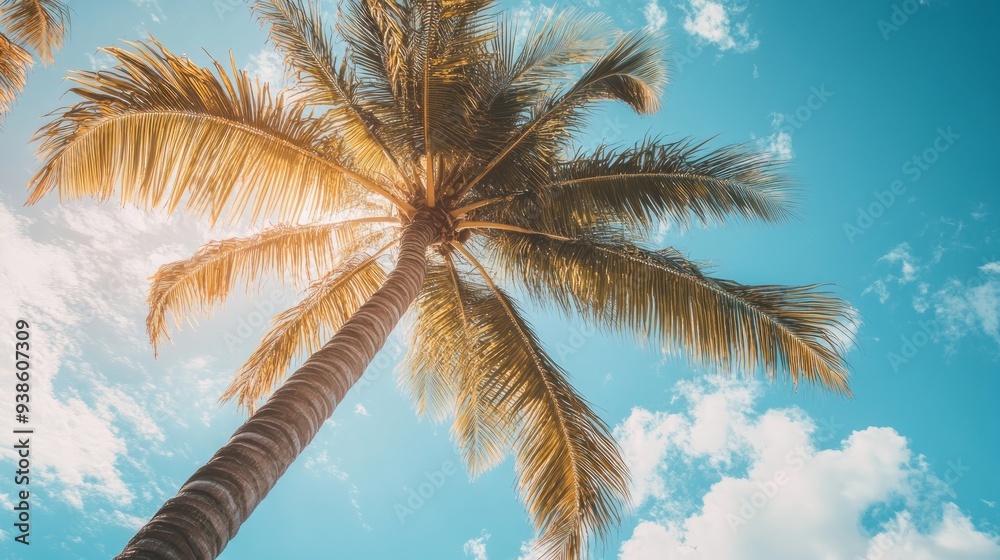 Coconut palm tree on sky background. Low Angle View. Toned image