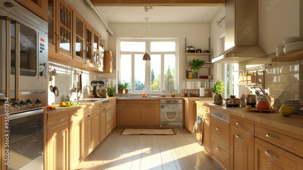 Fototapeta premium A well-organized kitchen with spotless countertops and a clutter-free environment, perfect for cooking.