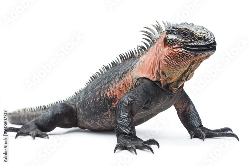 Marine Iguana with Black and Red Scales on White Background photo