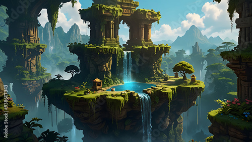 A floating island in the sky with lush greenery, waterfalls, and ancient temples, perfect for a fantasy platformer game.Floating Island, Sky, Lush Greenery, Waterfalls, Ancient Temples, Fantasy, Platf photo