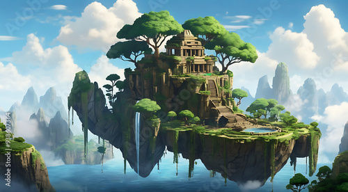 A floating island in the sky with lush greenery, waterfalls, and ancient temples, perfect for a fantasy platformer game.Floating Island, Sky, Lush Greenery, Waterfalls, Ancient Temples, Fantasy, Platf photo