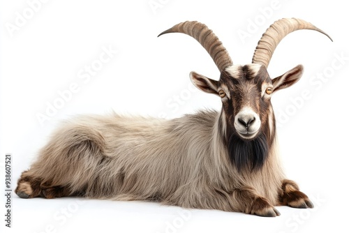 A Longhaired Goat with Curved Horns Lying Down