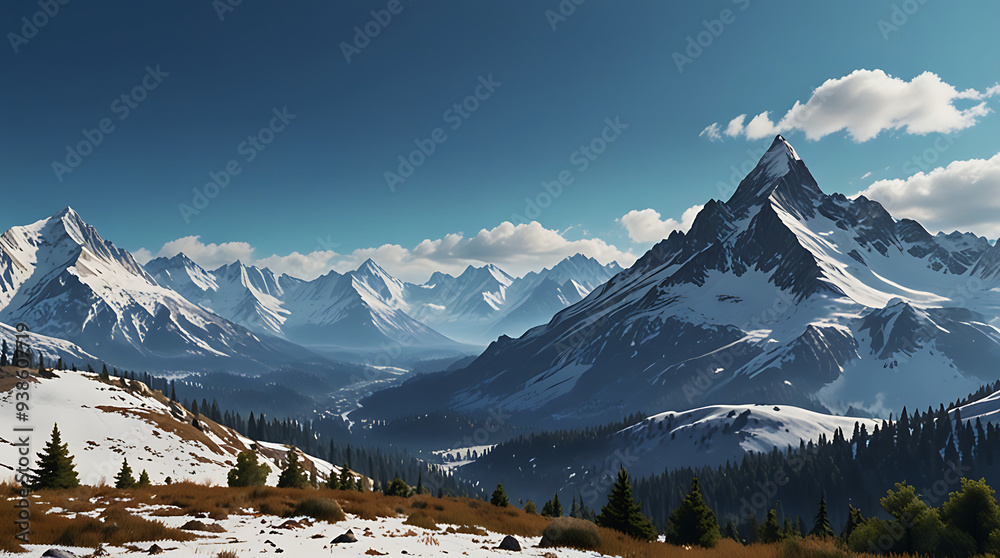 A serene mountain landscape with snow-capped peaks, a clear blue sky, and a distant village, designed for an adventure game backdrop. A serene mountain landscape with snow-capped peaks, a clear blue sky, and a distant village, designed for an adventure game backdrop.