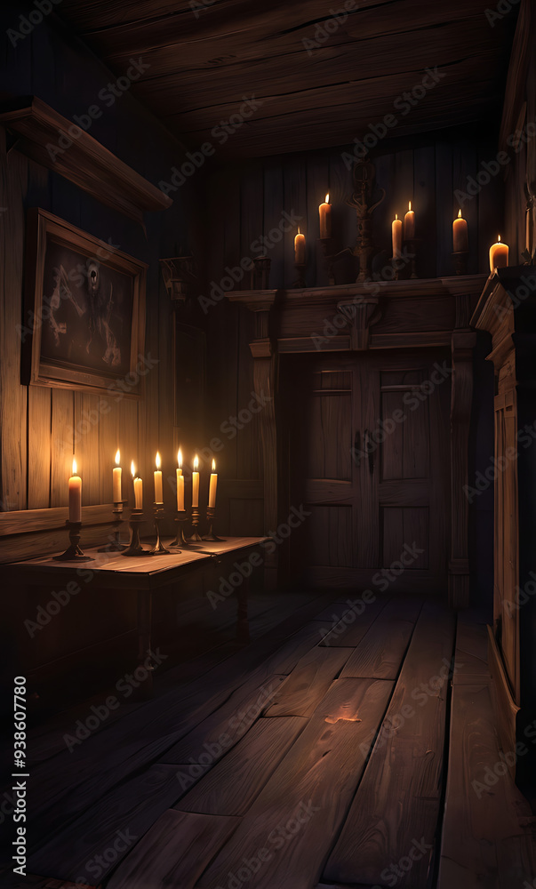 Naklejka premium A spooky, haunted house background with flickering candles, creaky floorboards, and ghostly shadows, designed for a horror game setting.