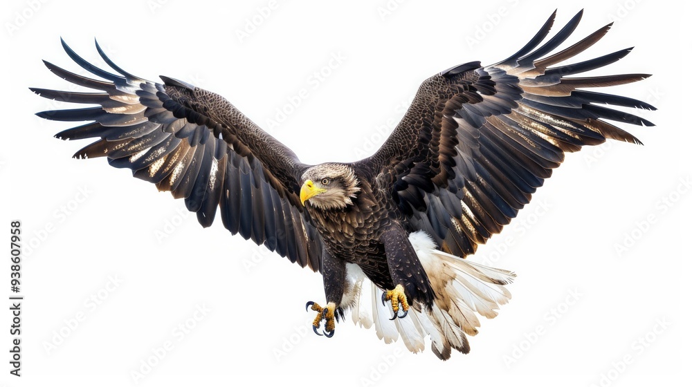 Fototapeta premium A majestic eagle in mid-flight, isolated on white background, full body shot, with detailed feathers and sharp talons,