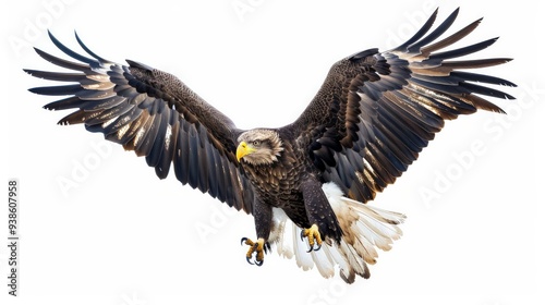 A majestic eagle in mid-flight, isolated on white background, full body shot, with detailed feathers and sharp talons,