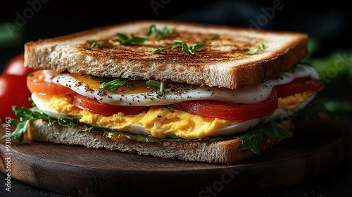 A delicious breakfast spread featuring egg sandwiches filled with fresh vegetables and cheese, served on a rustic wooden plate.
