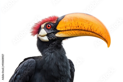 A close-up portrait of a red-crested turaco with a large yellow beak