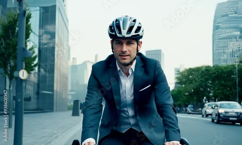 Businessman on Bike: Confident businessman in a suit and helmet rides a bicycle through a modern cityscape, reflecting a balanced lifestyle and efficient urban commutes.