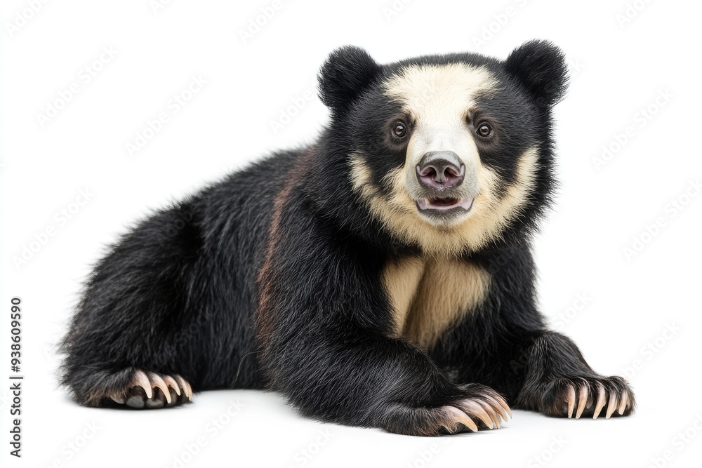 A Young Andean Spectacled Bear Sitting On A White Background A Young Andean Spectacled Bear Sitting On A White Background