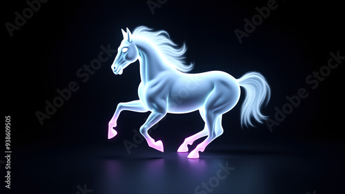 white horse galloping on a black background with details in neon green and purple lights