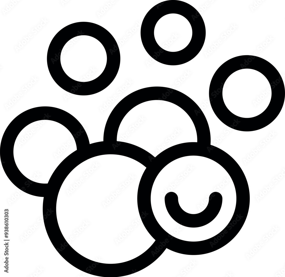 Line art icon of soap suds bubbles floating and forming a group, with one smiling bubble Line art icon of soap suds bubbles floating and forming a group, with one smiling bubble