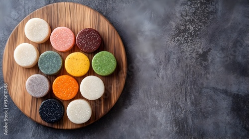 A beautiful arrangement of traditional Korean songpyeon rice cakes in various vibrant colors elegantly displayed on a rustic wooden platter photo