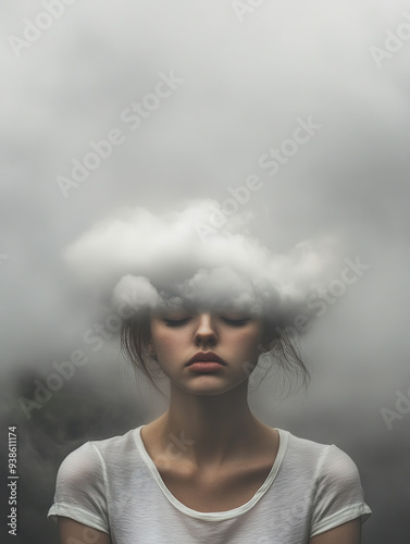 Woman with Head in the Clouds, Face Shrouded by Fog and Smoke. Soft-Focused and Pastel-Toned Scene with Gentle Lighting Creates a Surreal, Minimalist Atmosphere. Wearing a White T-Shirt