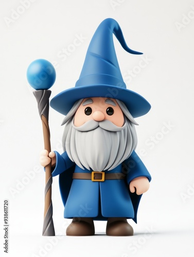 3D cartoon, wizard character with a blue hat and staff on a white background