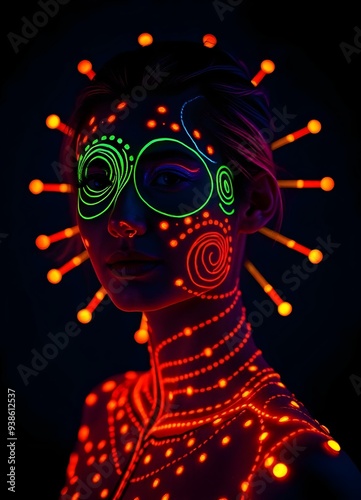 Neon Body Paint Portrait Under UV Light